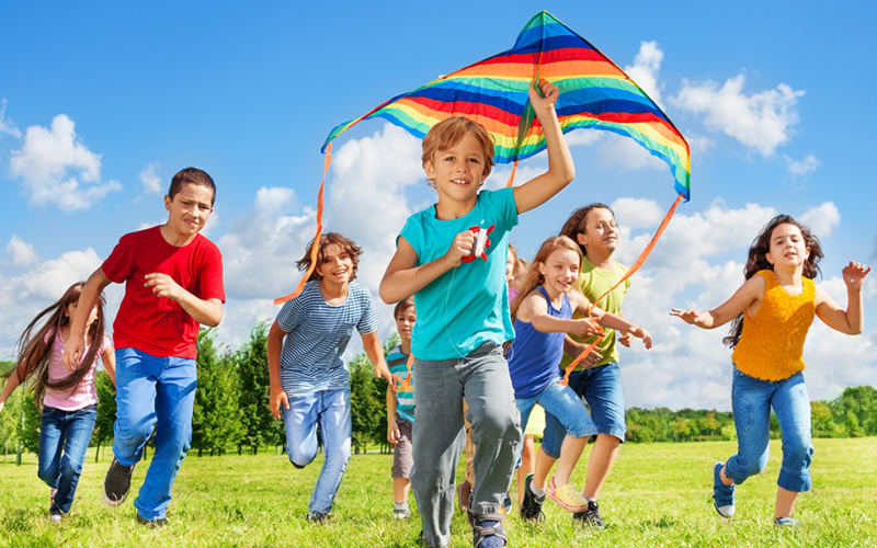 children playing with a kite